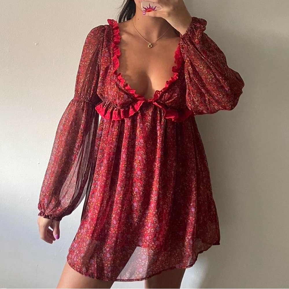 NWT FREE PEOPLE Pennie Printed Babydoll Lace Ruffles Dress Romantic Academia S